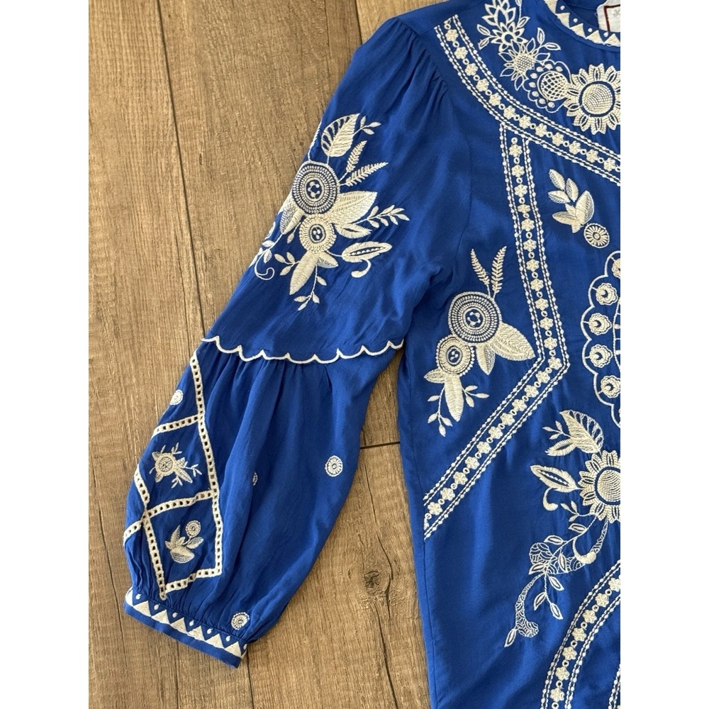 JOHNNY WAS Workshop Sm Blue Embroidered Top 100% Modal Button Up Scallop Sleeve - Picture 6 of 16